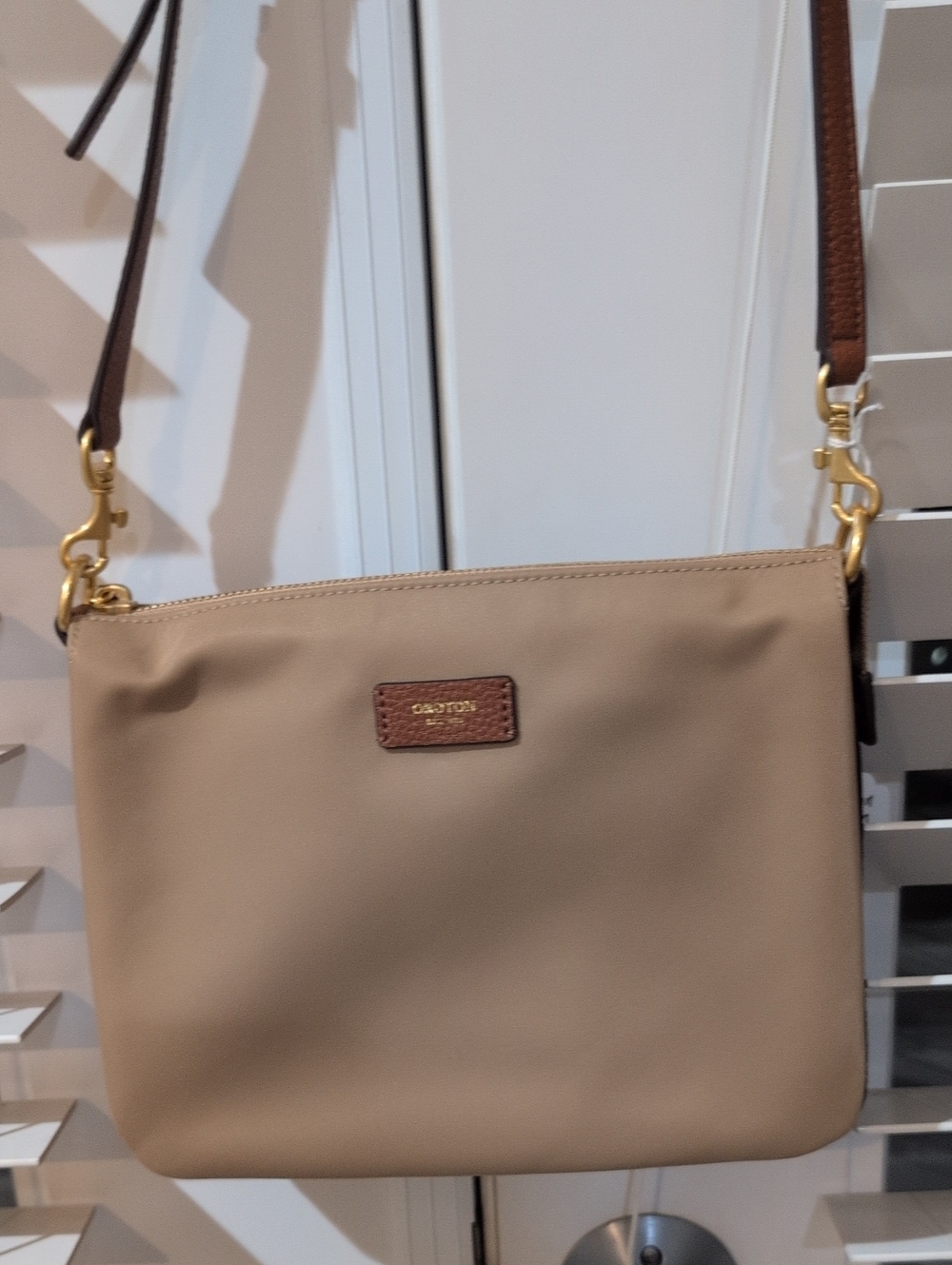 Orotin Ella Nylon  Tan Crossbody Shoulder Bag With Leather Trim And Strap
